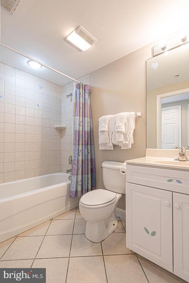 full bath featuring vanity, visible vents, shower / bath combination with curtain, tile patterned floors, and toilet