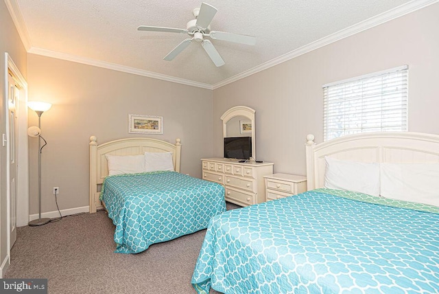 carpeted bedroom with baseboards, a textured ceiling, ceiling fan, and ornamental molding