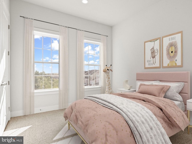 bedroom with recessed lighting, multiple windows, baseboards, and carpet floors