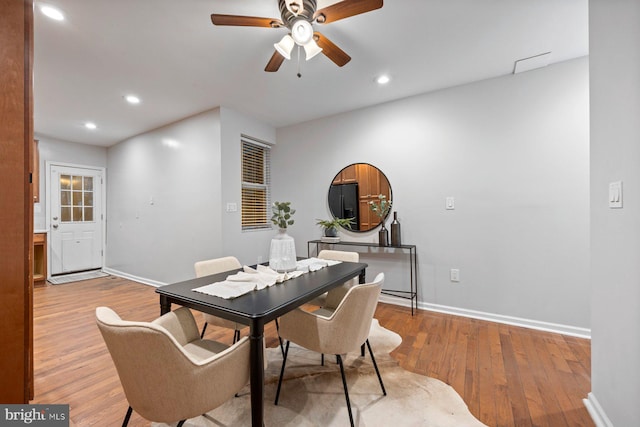 dining area featuring recessed lighting, baseboards, ceiling fan, and wood finished floors