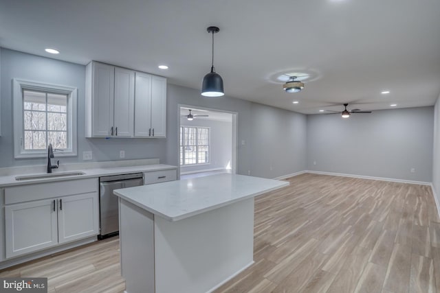 kitchen with a sink, a healthy amount of sunlight, light wood-type flooring, and stainless steel dishwasher