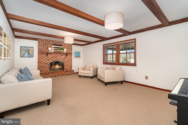 carpeted living area featuring beam ceiling, a fireplace, and baseboards