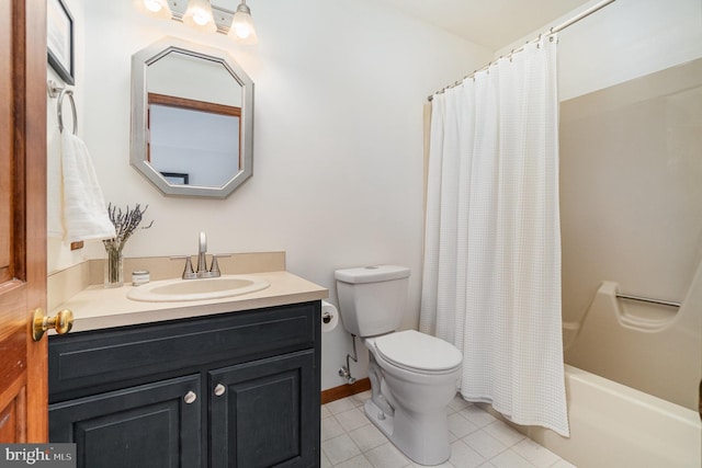 full bath featuring tile patterned flooring, baseboards, toilet, shower / tub combo, and vanity