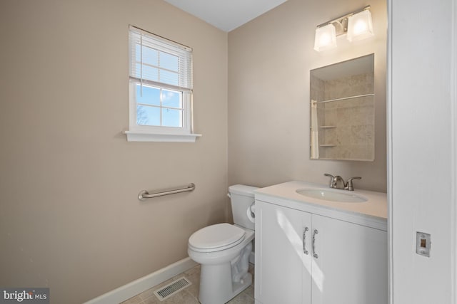 full bathroom with vanity, baseboards, visible vents, a shower, and toilet