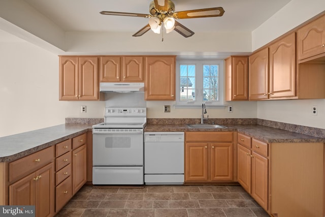 kitchen with under cabinet range hood, white appliances, dark countertops, and a sink