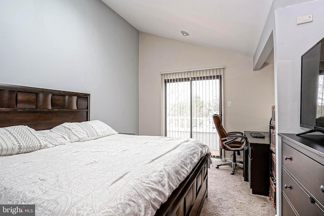 bedroom with light carpet, lofted ceiling, and access to outside