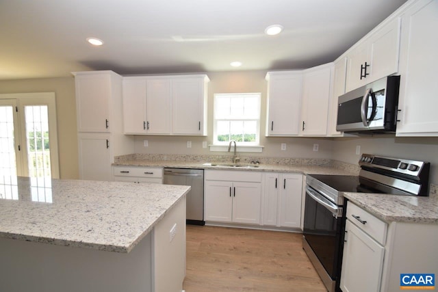 kitchen featuring a sink, recessed lighting, white cabinetry, and stainless steel appliances