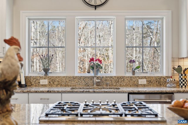 interior details with white cabinetry, light stone counters, appliances with stainless steel finishes, and a sink