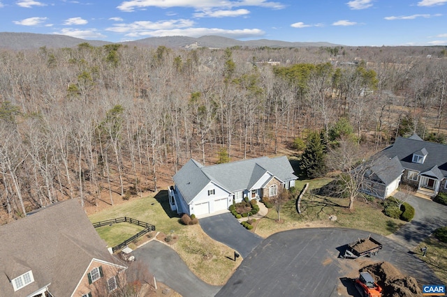 bird's eye view featuring a mountain view and a view of trees