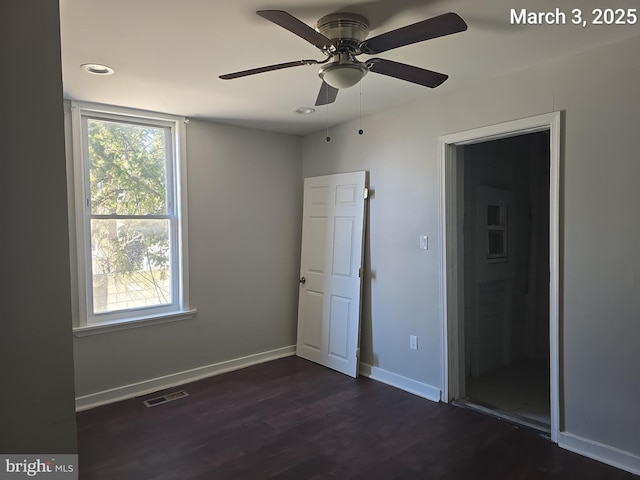 unfurnished bedroom with visible vents, ceiling fan, baseboards, recessed lighting, and dark wood-style flooring