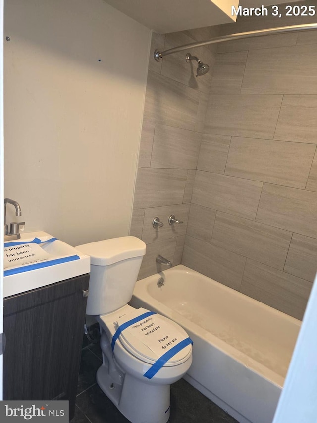 full bathroom with vanity, bathing tub / shower combination, and toilet