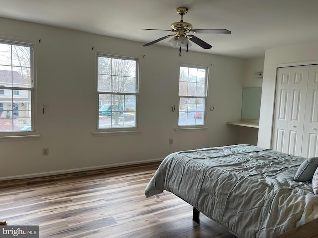 bedroom featuring baseboards, multiple windows, a closet, and wood finished floors