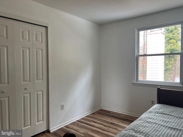 bedroom featuring a closet, multiple windows, baseboards, and wood finished floors