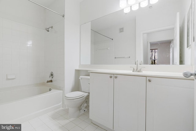 bathroom with tile patterned floors, visible vents, toilet, shower / bathing tub combination, and vanity