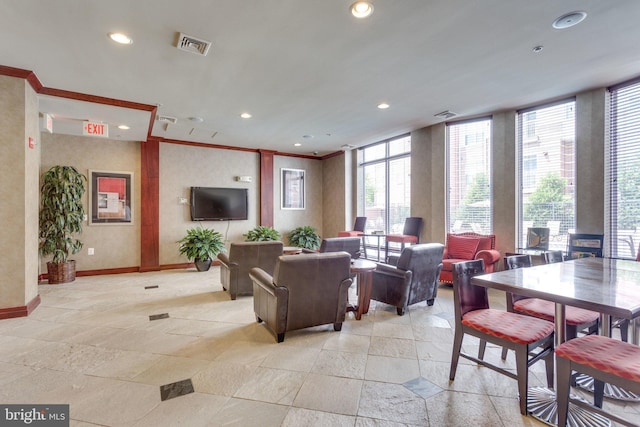 living room featuring visible vents, recessed lighting, and baseboards