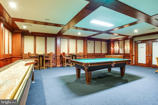 game room with french doors, coffered ceiling, visible vents, and dark carpet