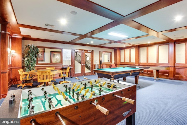 recreation room featuring billiards, carpet, visible vents, coffered ceiling, and french doors