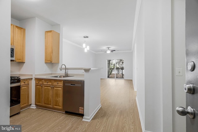 kitchen with a sink, light wood-style floors, appliances with stainless steel finishes, and light countertops