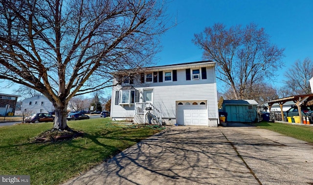 traditional-style house with aphalt driveway, a shed, an outdoor structure, and a front yard