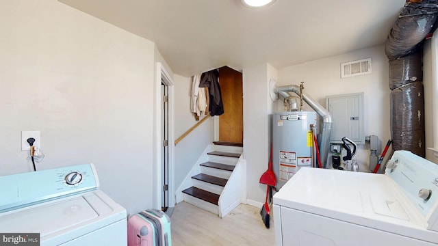 laundry area featuring visible vents, washer and clothes dryer, gas water heater, laundry area, and light wood-style flooring