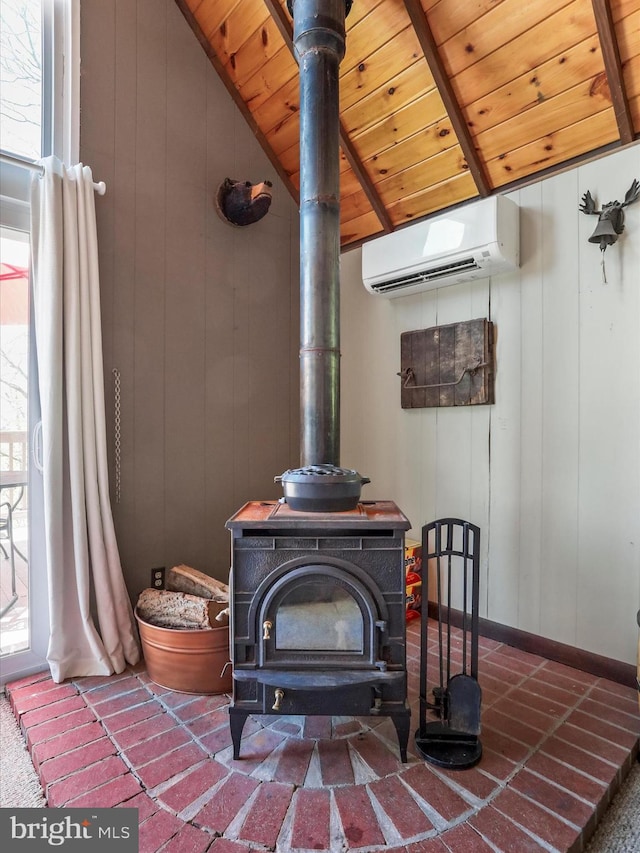 777 Timber Ln, Berkeley Springs, WV 25411 - interior details featuring beam ceiling, a wood stove, carpet, wooden ceiling, and a wall unit AC