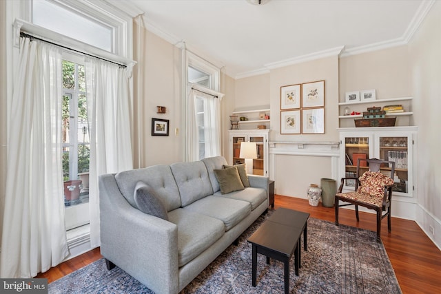 living room featuring ornamental molding and wood finished floors