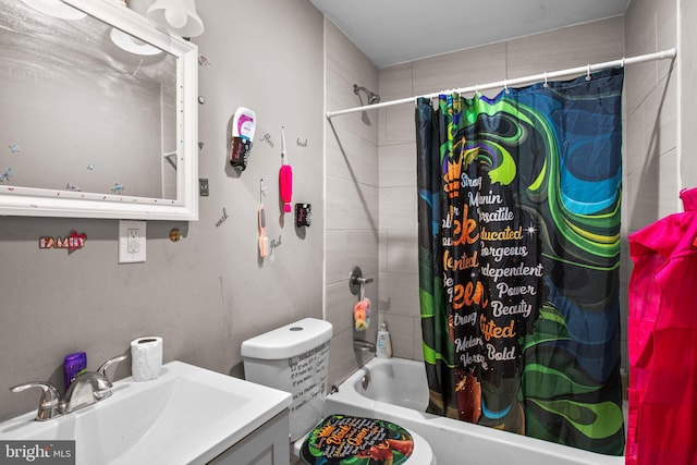 bathroom featuring vanity and shower / bathtub combination with curtain