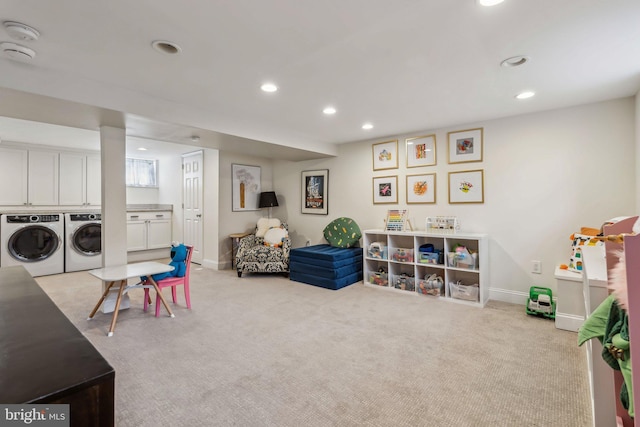 game room featuring separate washer and dryer, recessed lighting, carpet floors, and baseboards