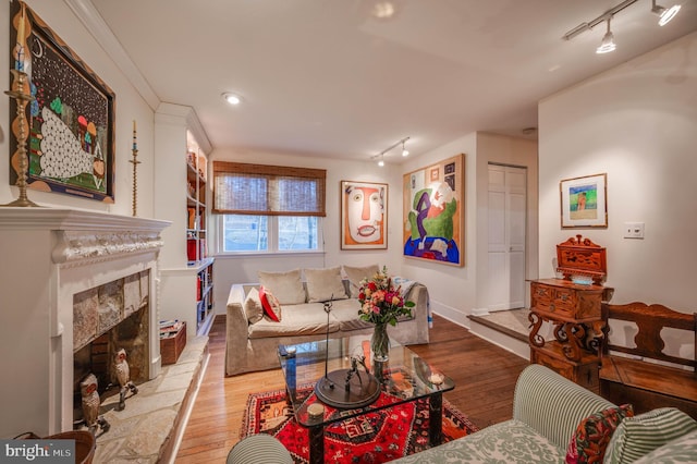 living room featuring wood-type flooring, track lighting, and a high end fireplace