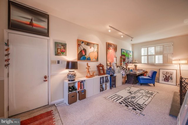 playroom with carpet floors and rail lighting