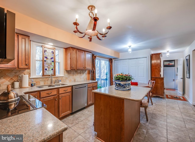 kitchen featuring plenty of natural light, a sink, stainless steel dishwasher, backsplash, and a center island