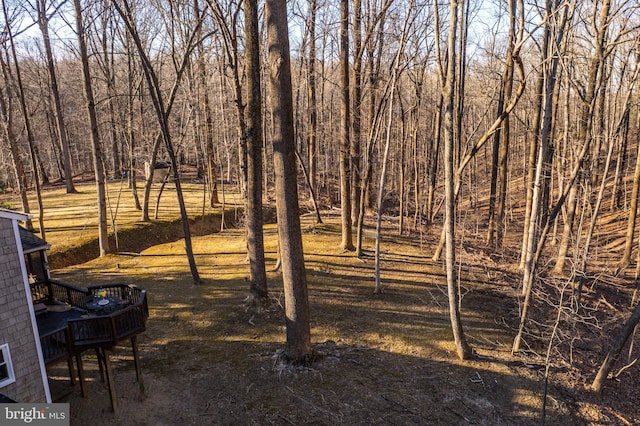 view of yard featuring a forest view