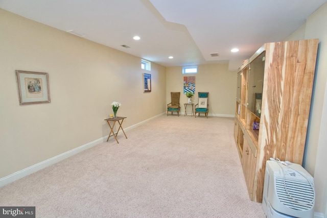 sitting room featuring recessed lighting, visible vents, baseboards, and carpet flooring