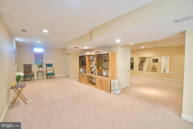 interior space with stairway, carpet, visible vents, baseboards, and recessed lighting