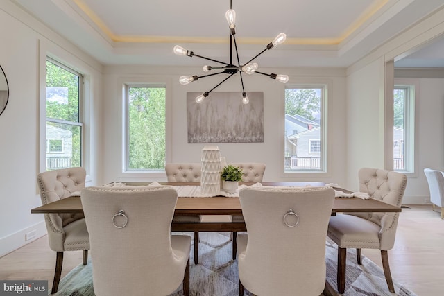 dining space with an inviting chandelier, a raised ceiling, wood finished floors, and a healthy amount of sunlight