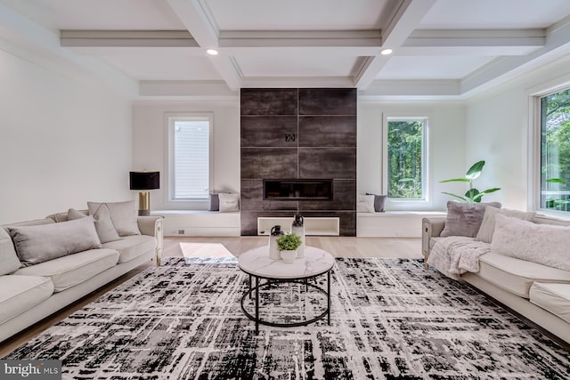 living area with plenty of natural light, wood finished floors, coffered ceiling, and a large fireplace