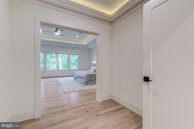 corridor featuring a tray ceiling, baseboards, and light wood-style floors