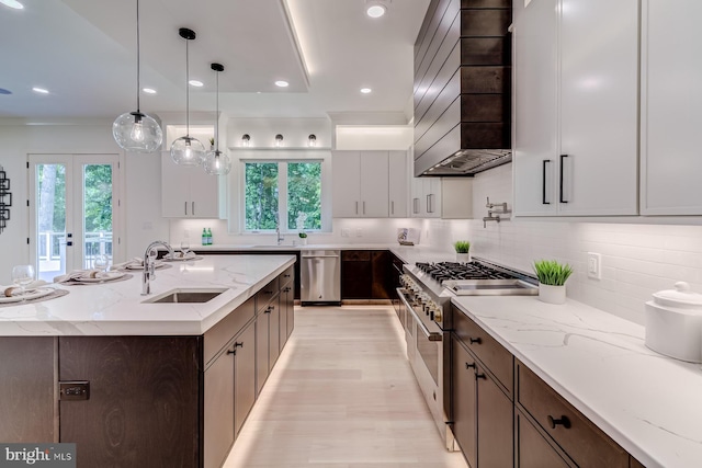 kitchen with custom exhaust hood, plenty of natural light, stainless steel appliances, and a sink