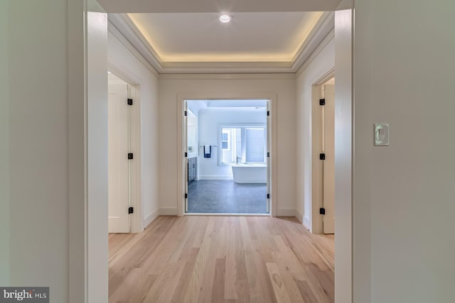 corridor featuring a raised ceiling, light wood-type flooring, and baseboards