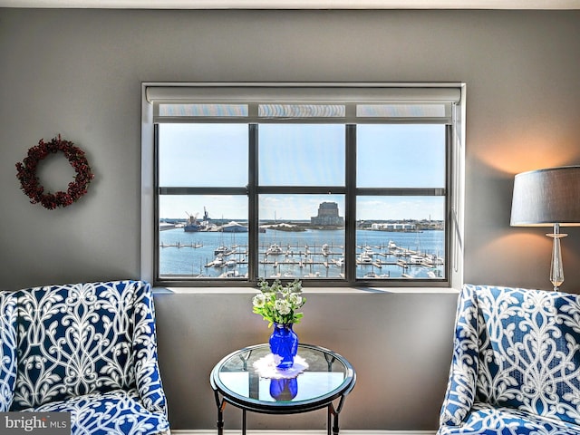 living area featuring a healthy amount of sunlight and a water view