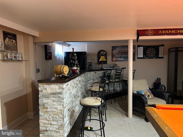 bar featuring a dry bar, billiards, and tile patterned flooring