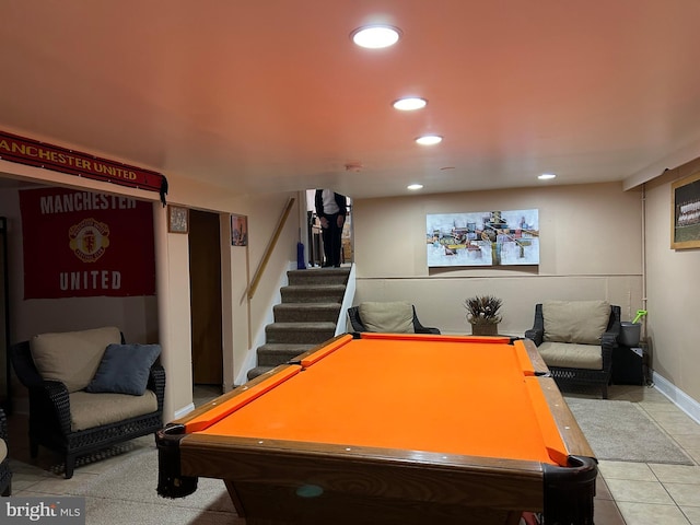 game room featuring tile patterned floors, recessed lighting, billiards, and baseboards