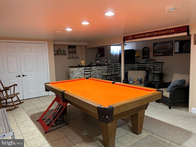 recreation room featuring tile patterned flooring, recessed lighting, a dry bar, and billiards