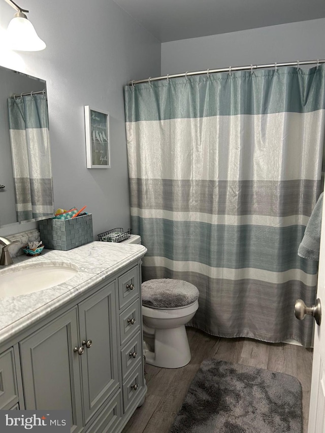 full bath featuring toilet, vanity, and wood finished floors