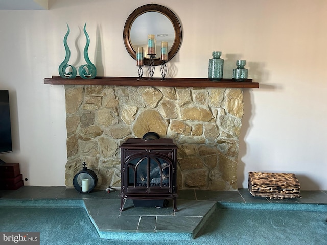 room details featuring a wood stove