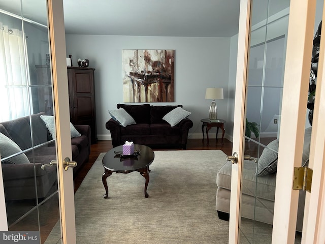 living area featuring wood finished floors, french doors, and baseboards