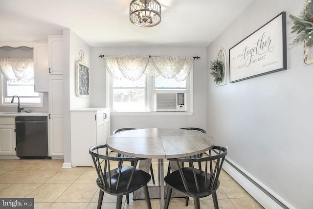 dining room featuring light tile patterned floors, cooling unit, baseboards, and a baseboard radiator