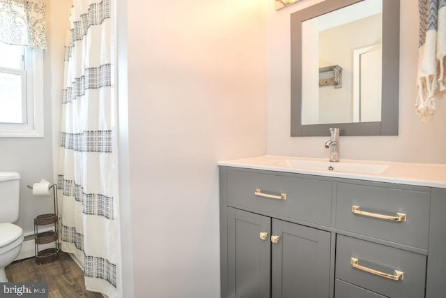 full bathroom with vanity, toilet, and wood finished floors