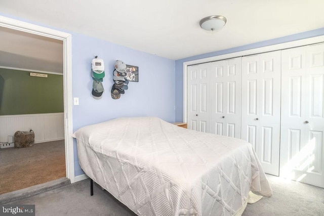 carpeted bedroom featuring a closet and wainscoting