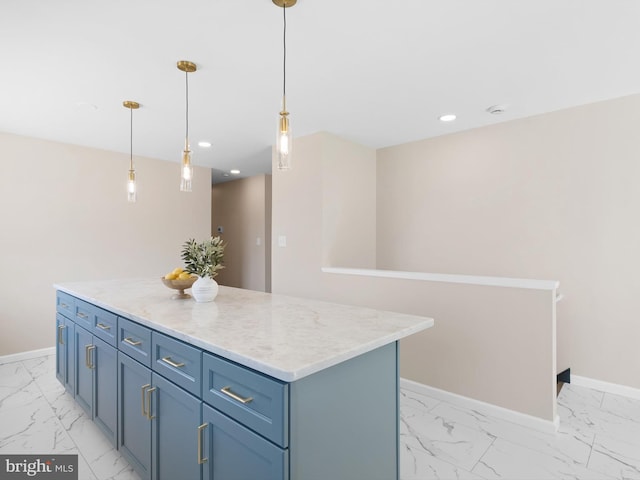 kitchen with marble finish floor, a kitchen island, recessed lighting, baseboards, and hanging light fixtures